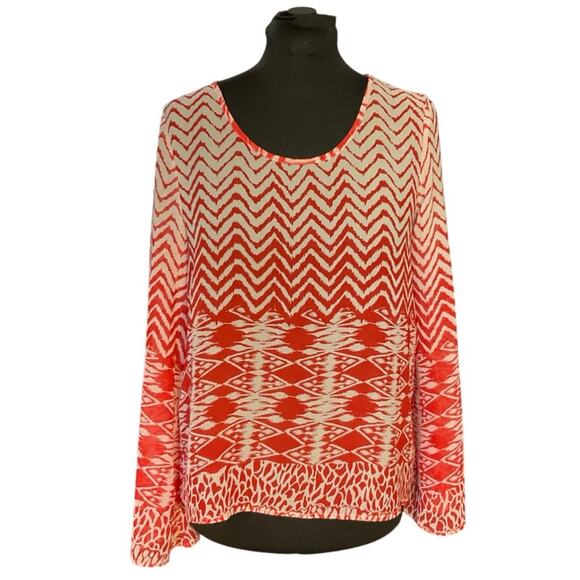 Umgee Red and White Geometric Print Sheer Bell Sleeve Blouse Size L - Picture 1 of 9